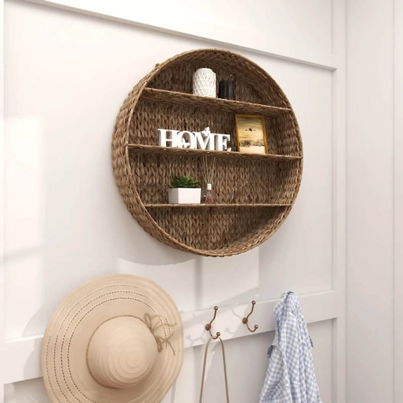 Brown Sea Grass Woven Round Wall Shelf