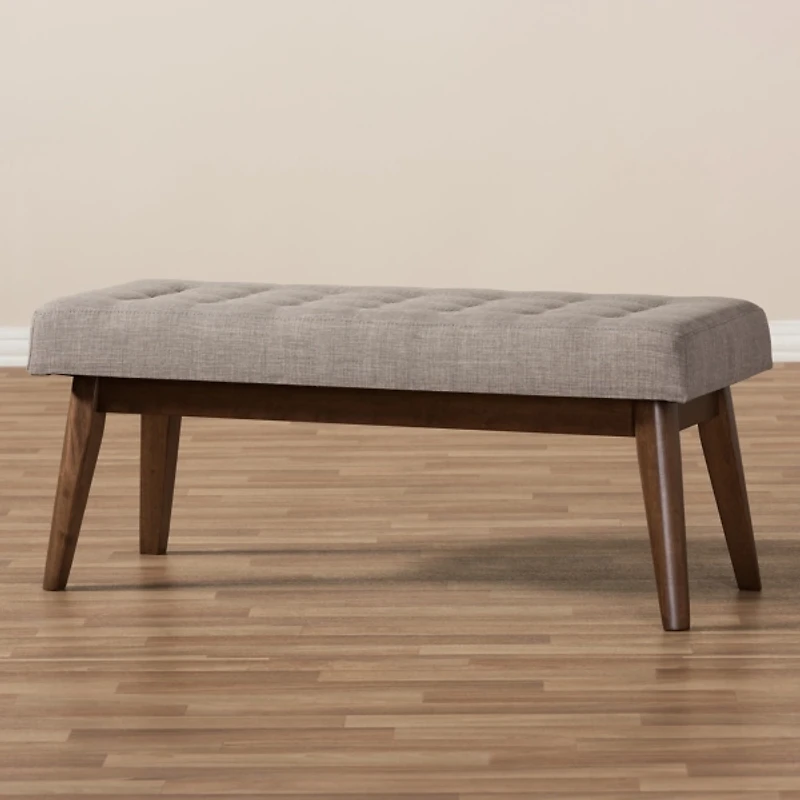 Light Gray Tufted Walnut Wood Bench