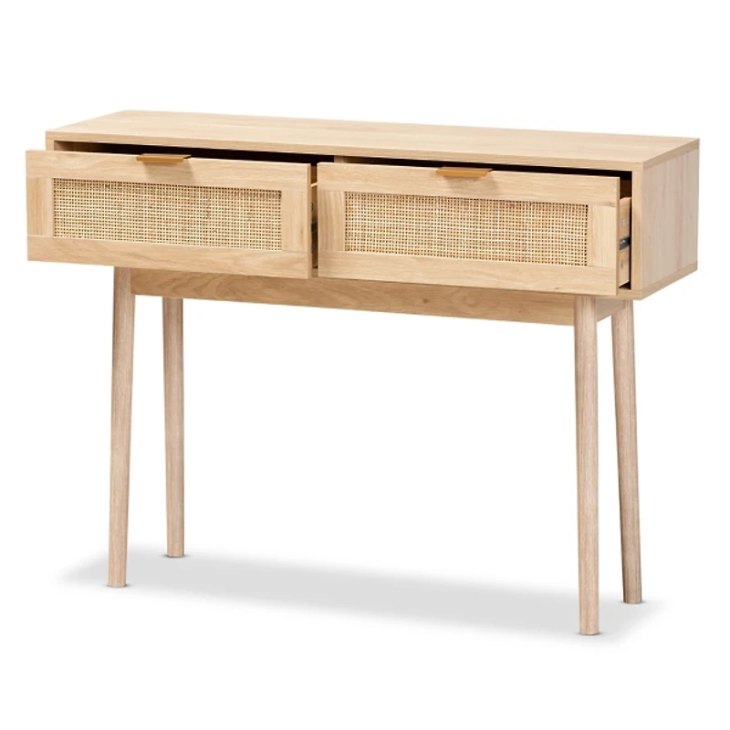 Light Oak Rattan and Wood Console Table