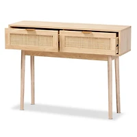 Light Oak Rattan and Wood Console Table