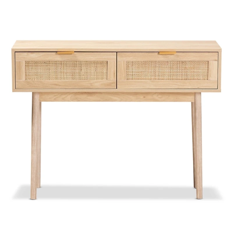 Light Oak Rattan and Wood Console Table
