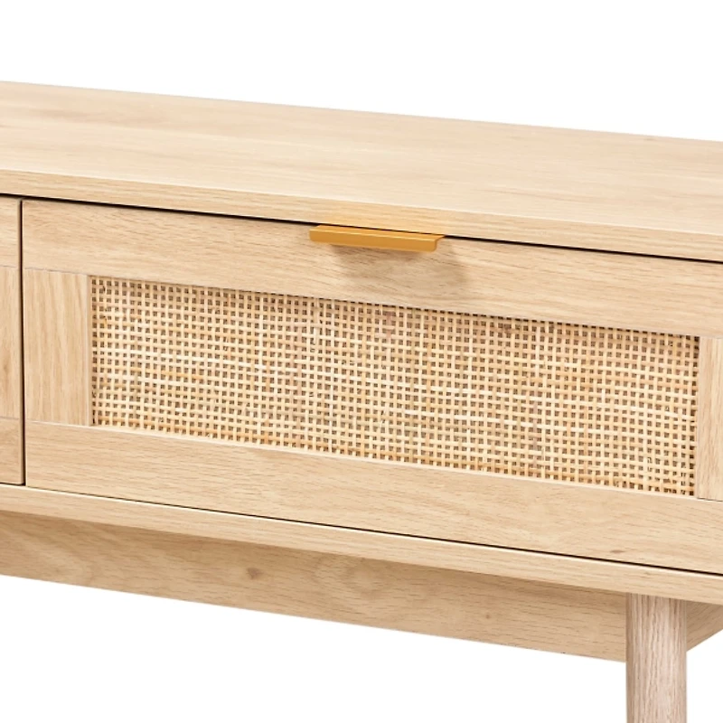 Light Oak Rattan and Wood Console Table