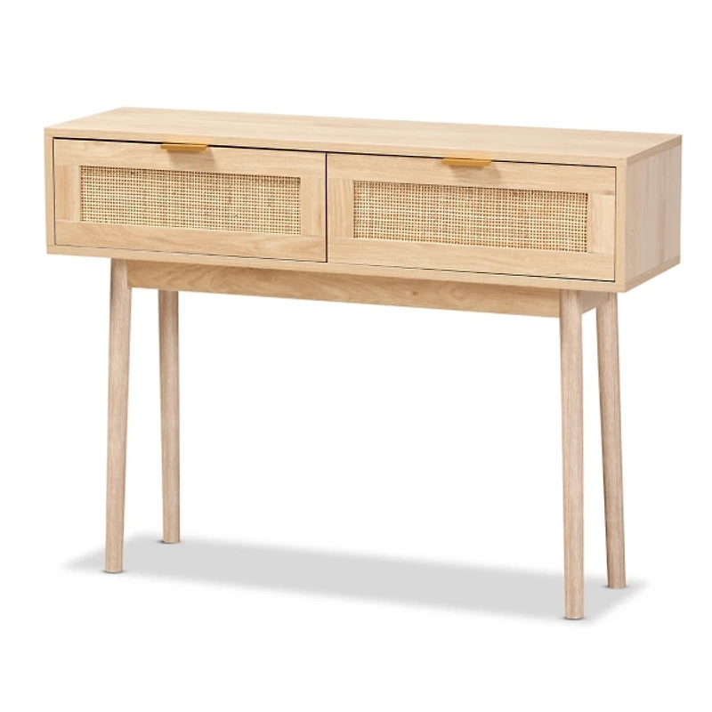 Light Oak Rattan and Wood Console Table