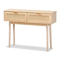 Light Oak Rattan and Wood Console Table