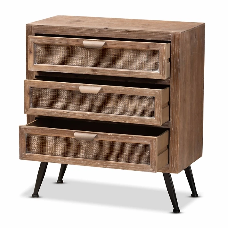 Brown Wood and Rattan 3-Drawer Cabinet