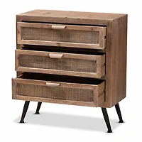 Brown Wood and Rattan 3-Drawer Cabinet