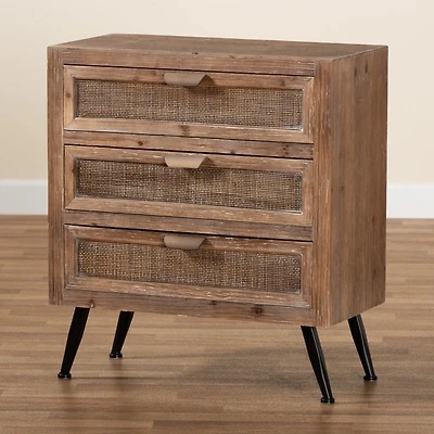 Brown Wood and Rattan 3-Drawer Cabinet