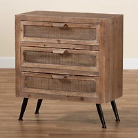 Brown Wood and Rattan 3-Drawer Cabinet