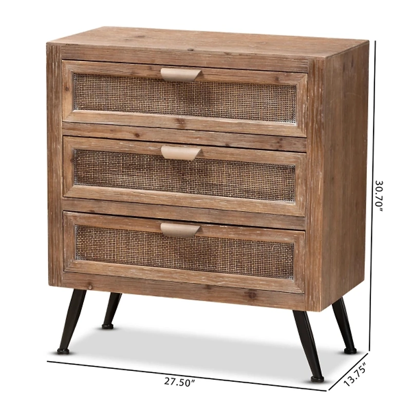 Brown Wood and Rattan 3-Drawer Cabinet