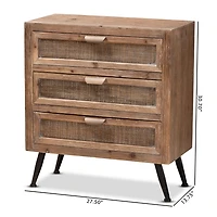 Brown Wood and Rattan 3-Drawer Cabinet