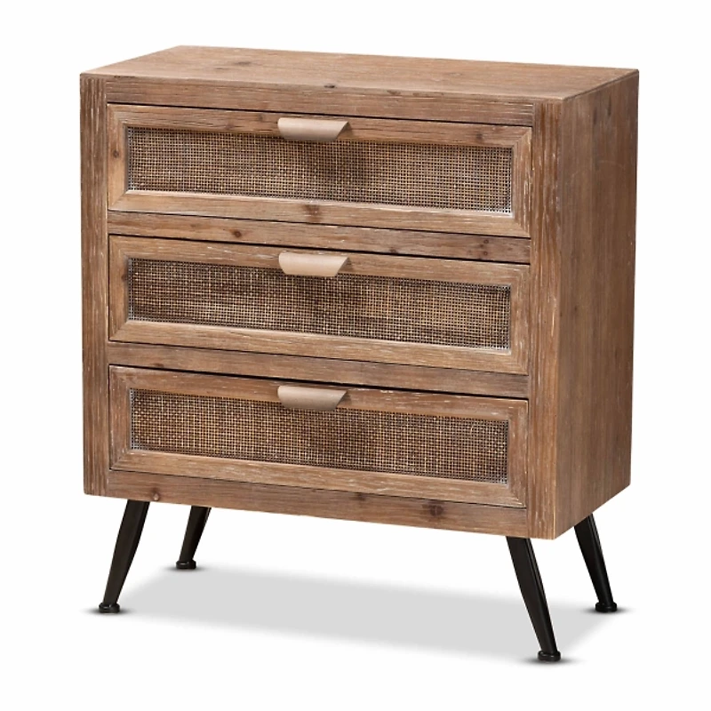Brown Wood and Rattan 3-Drawer Cabinet