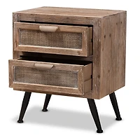 Brown Wood and Rattan 2-Drawer Nightstand
