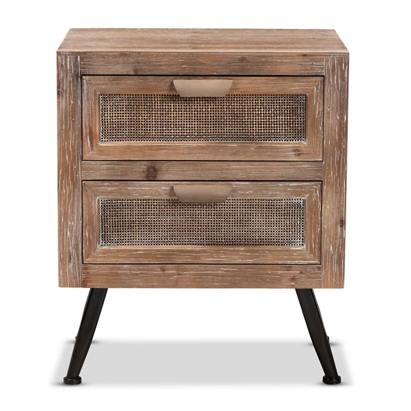 Brown Wood and Rattan 2-Drawer Nightstand