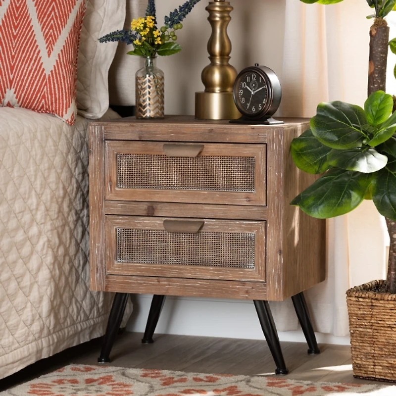 Brown Wood and Rattan 2-Drawer Nightstand