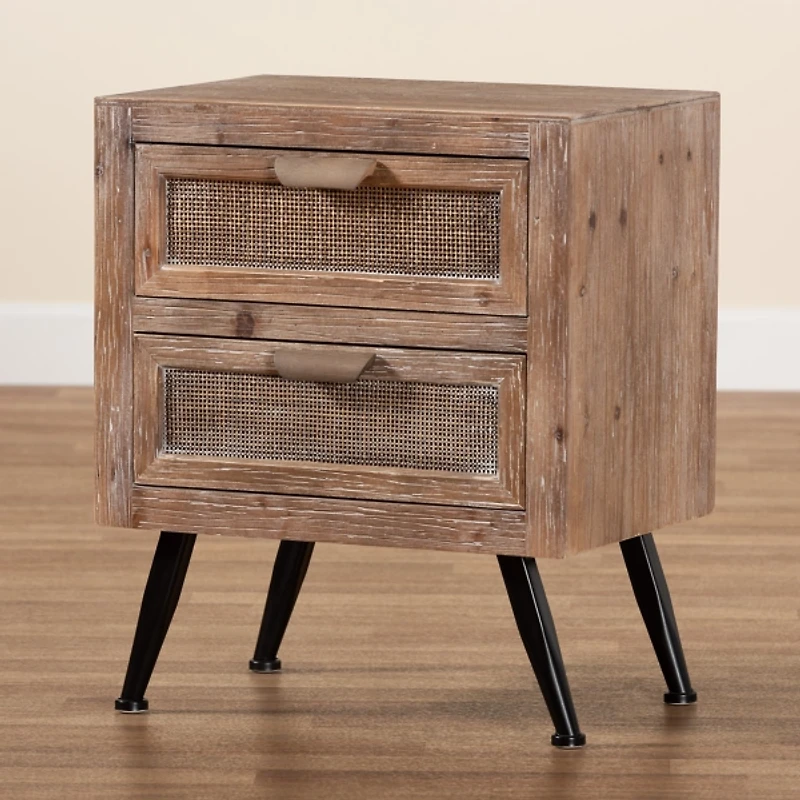 Brown Wood and Rattan 2-Drawer Nightstand