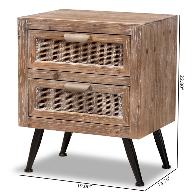 Brown Wood and Rattan 2-Drawer Nightstand