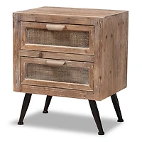 Brown Wood and Rattan 2-Drawer Nightstand