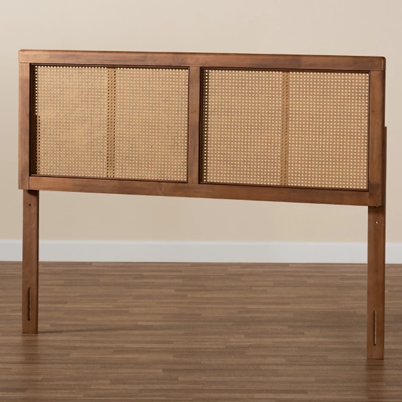 Ash Walnut Wood Rattan Frame Queen Headboard