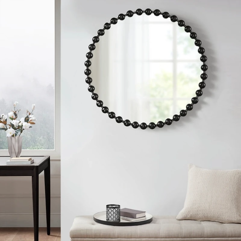 Black Foiled Beaded Wall Mirror, 36 in.