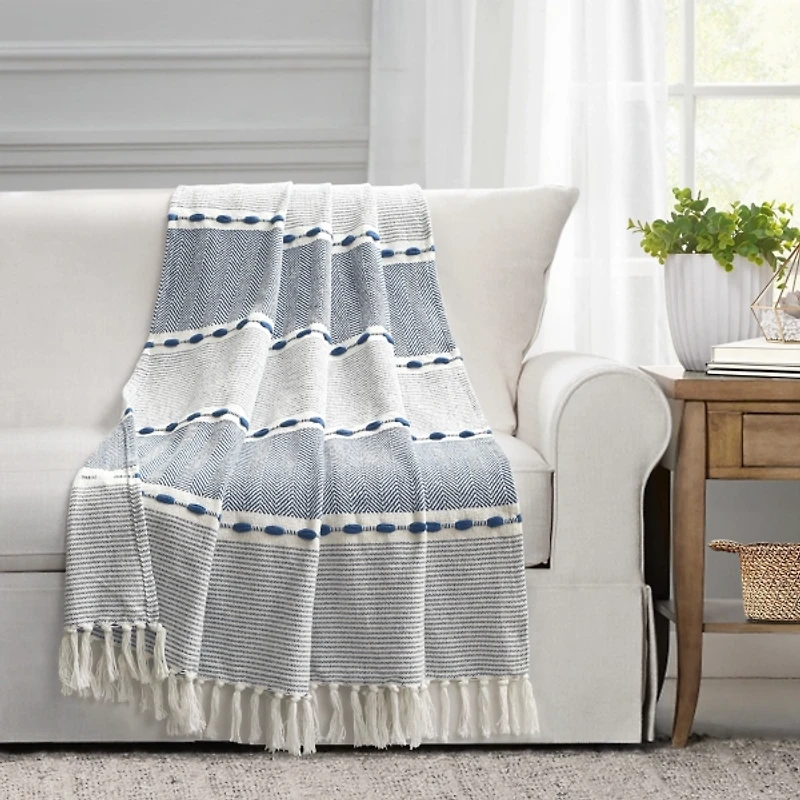 Navy and White Herringbone Stripe Throw