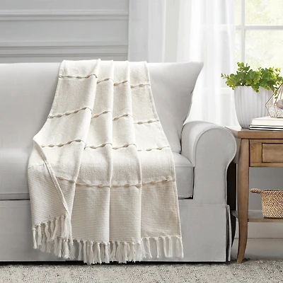 Tan and White Herringbone Stripe Throw