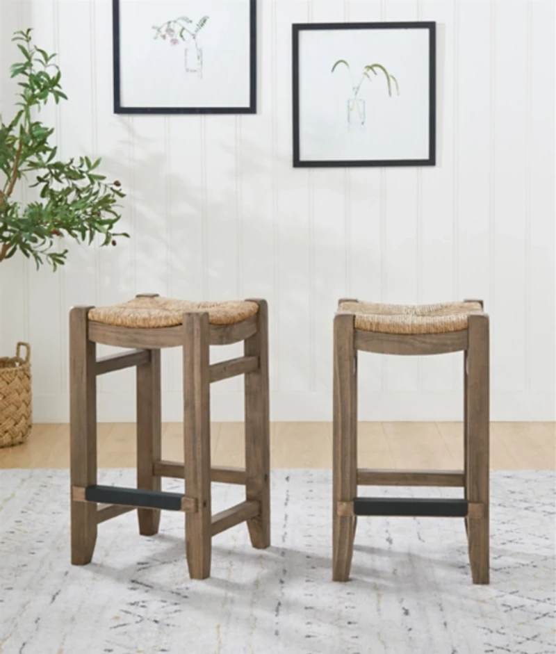 Twisted Seagrass and Wood Counter Stools, Set of 2