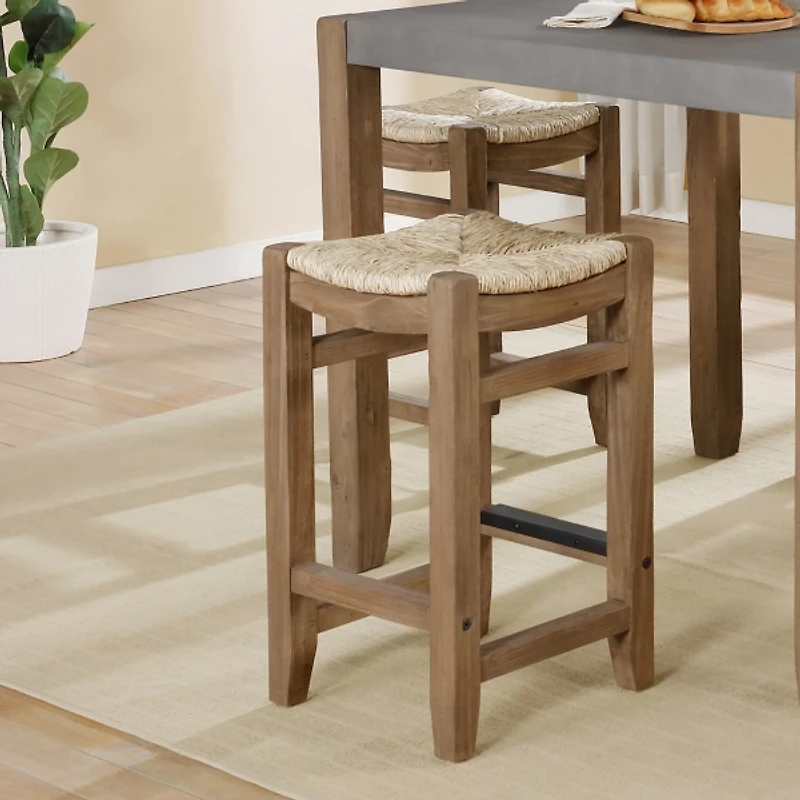 Twisted Seagrass and Wood Counter Stools, Set of 2