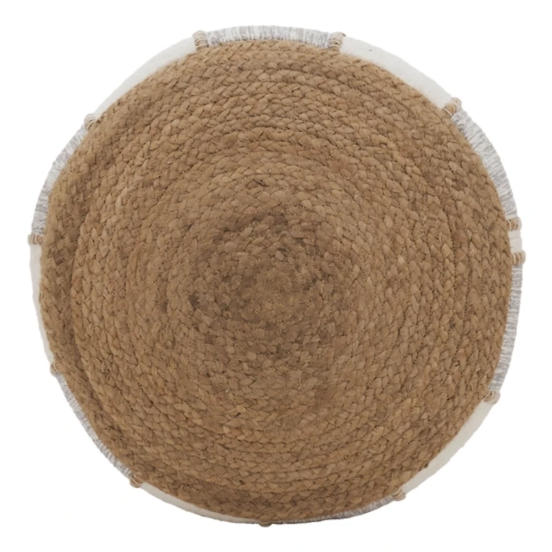 Natural Gray and White Striped Jute Pouf