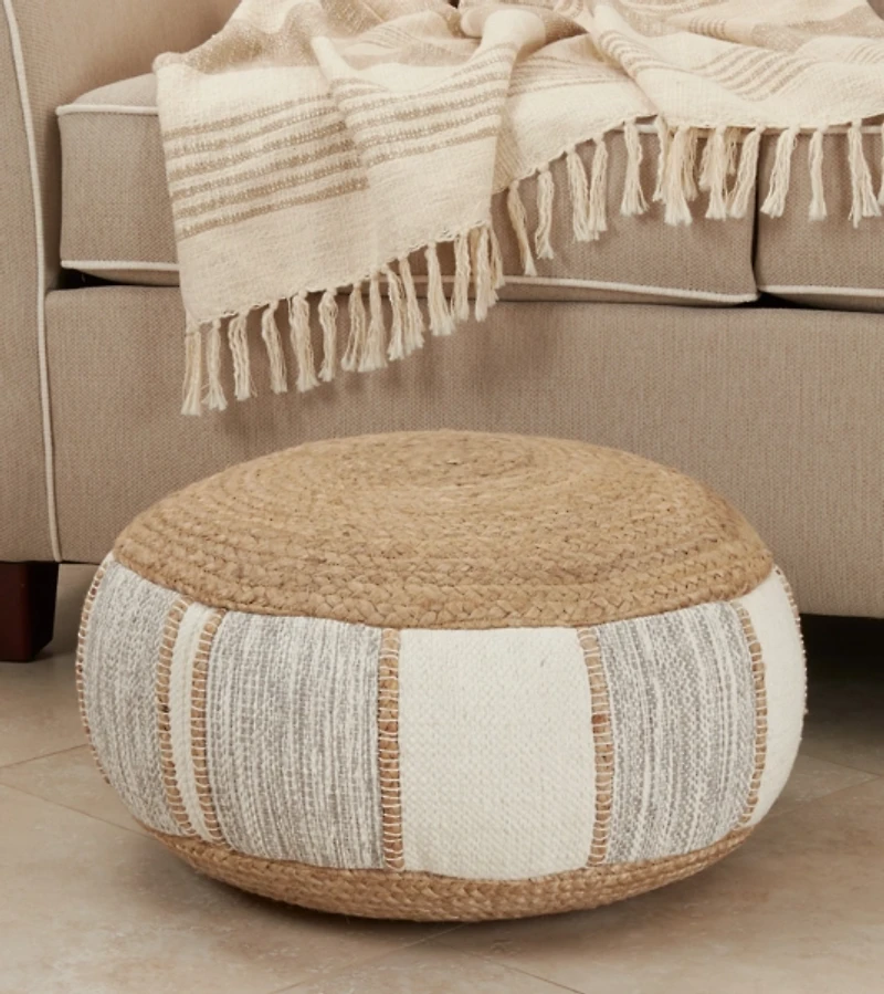 Natural Gray and White Striped Jute Pouf