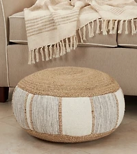 Natural Gray and White Striped Jute Pouf