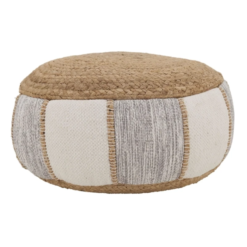 Natural Gray and White Striped Jute Pouf