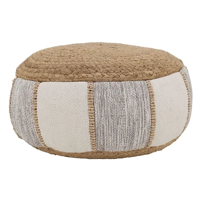 Natural Gray and White Striped Jute Pouf
