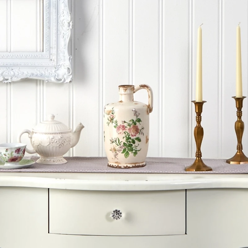 Shabby Chic Ivory Floral Pitcher Vase