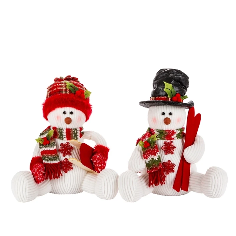 White and Red Snow Day Sitting Snowmen, Set of 2