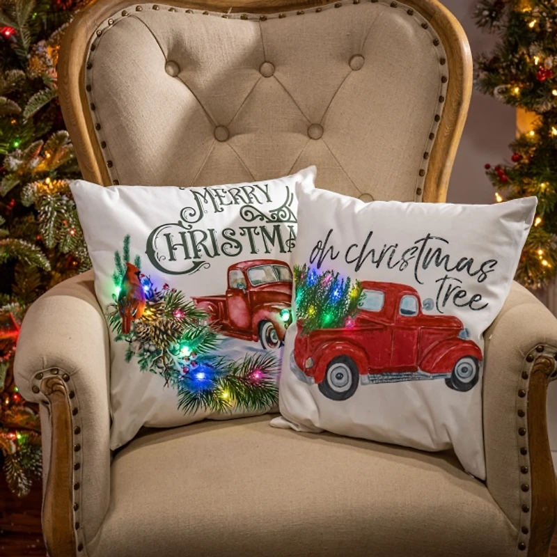 Red Truck LED Christmas Tree Pillow, Set of 2