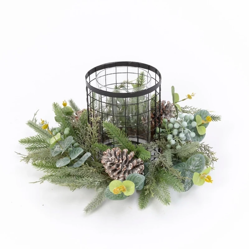 Green Pineberry Window Pane Candle Centerpiece