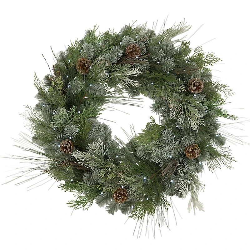 Frosted Pine Needle and Pinecone Pre-Lit Wreath