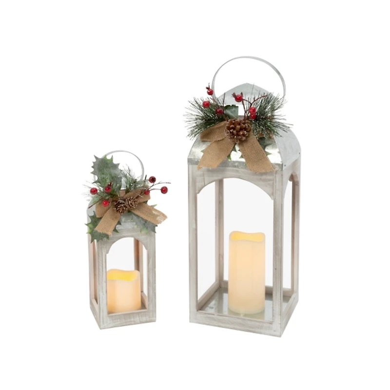 Whitewashed Winter Burlap LED Lanterns, Set of 2