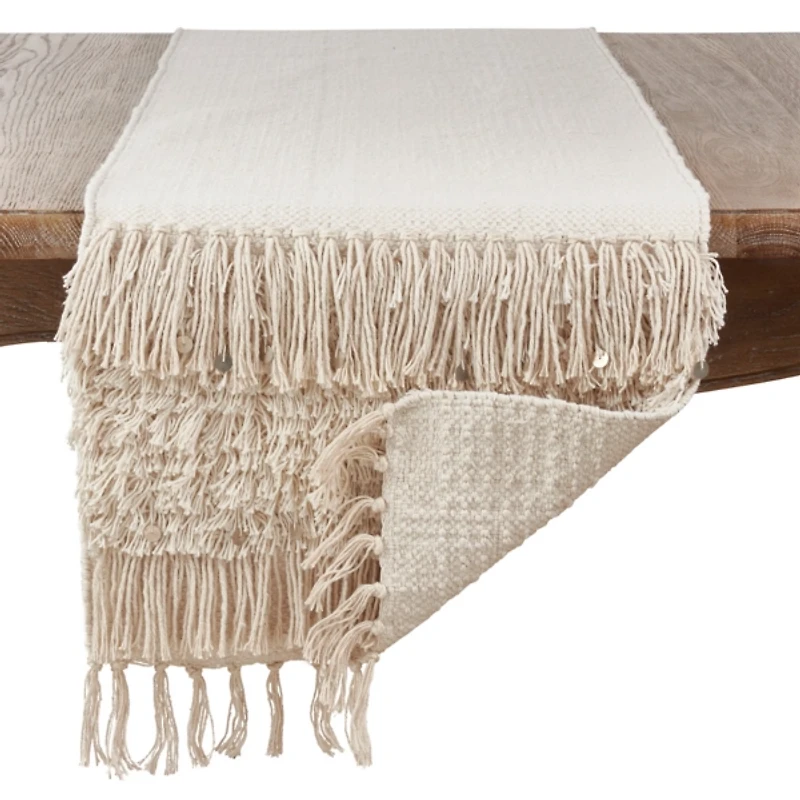 Gray Sequin Fringe Cotton Table Runner