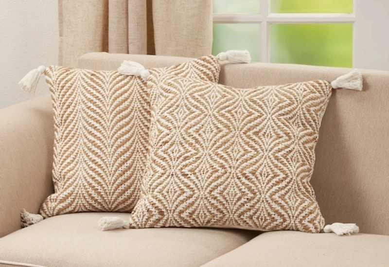 Geometric Woven Jute Tassel Throw Pillow