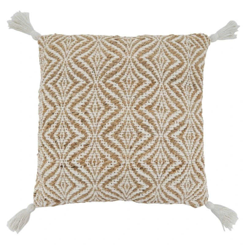 Geometric Woven Jute Tassel Throw Pillow