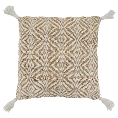 Geometric Woven Jute Tassel Throw Pillow
