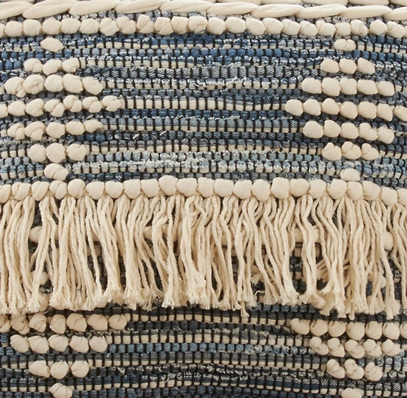 Blue Natural Chindi Fringe Cotton Pillow
