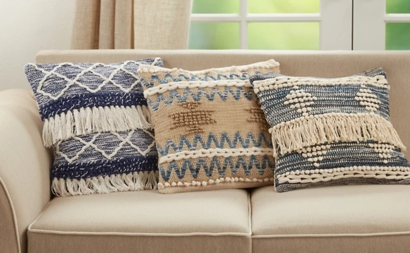 Blue Natural Chindi Fringe Cotton Pillow