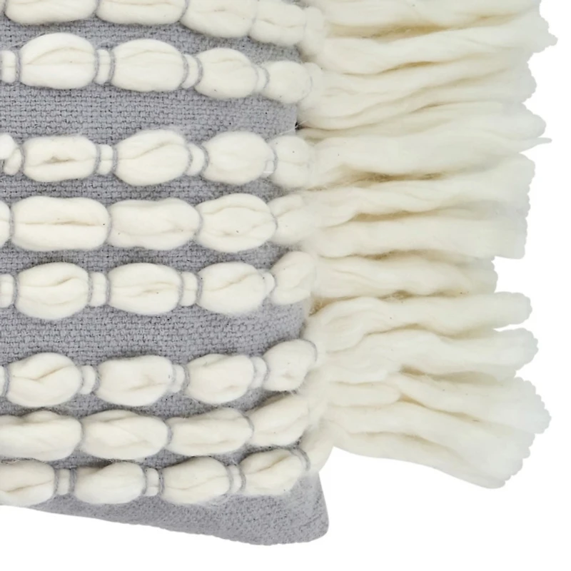 Gray and White Chunky Fringe Lumbar Pillow