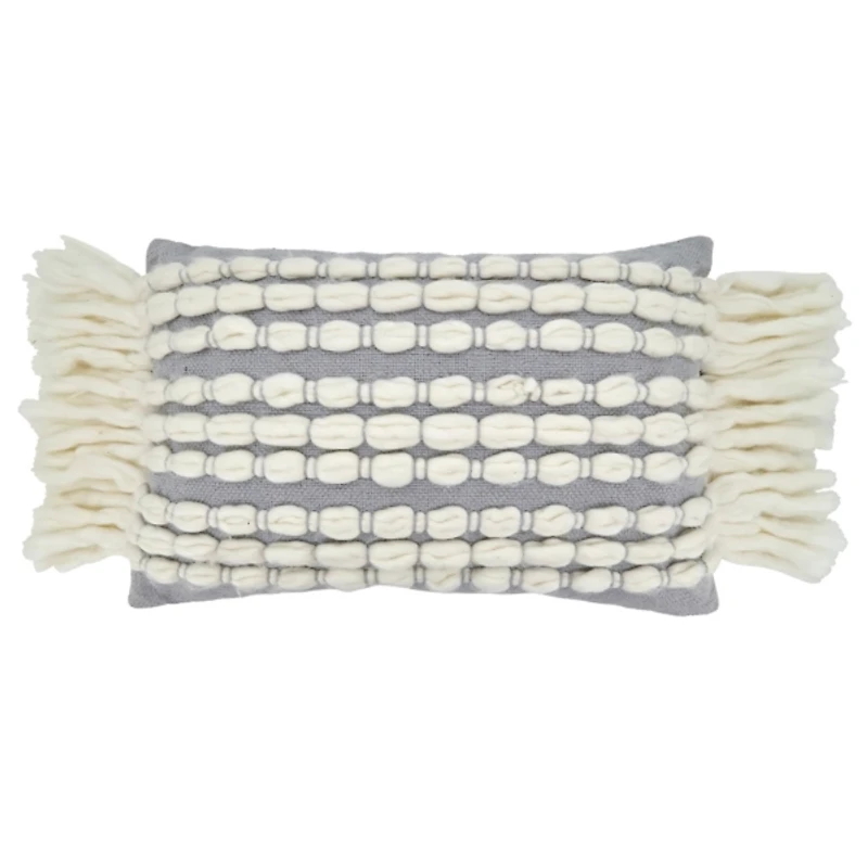 Gray and White Chunky Fringe Lumbar Pillow