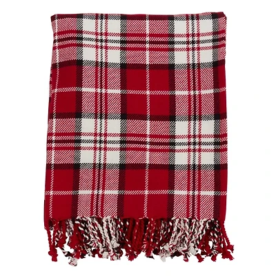 Red Plaid Cotton Throw with Tassels