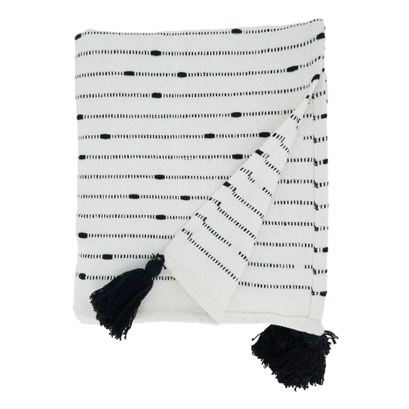Soot Black Textured Striped Tassel Throw