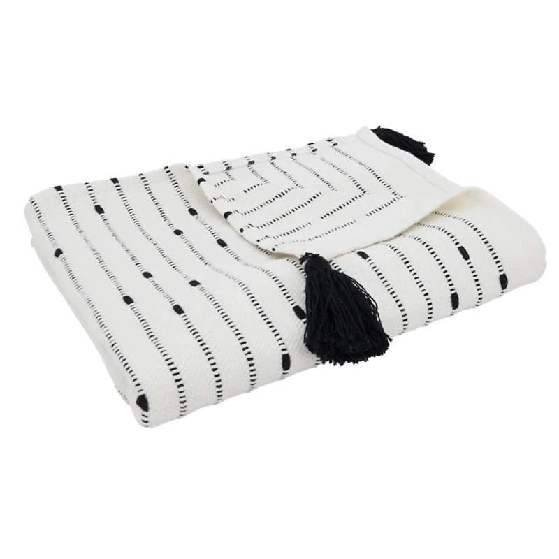 Soot Black Textured Striped Tassel Throw