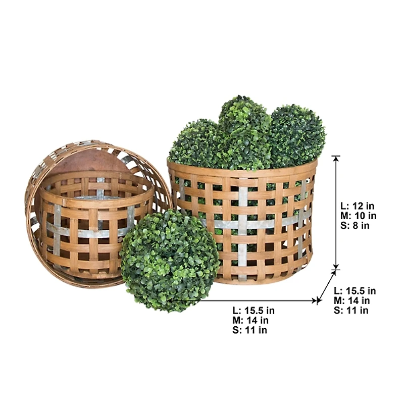 Galvanized Woven Wicker Baskets, Set of 3